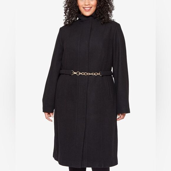 Vince Camuto Womens Plus Size Chain-Belt Walker Coat Wool Blend Black 2X NWT - Picture 1 of 10